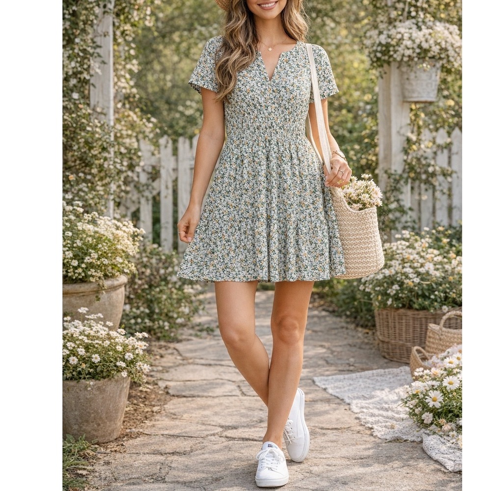 Fate Women Floral Eyelet Mini Dress Green Yellow Smocked Waist Flutter Sleeve S